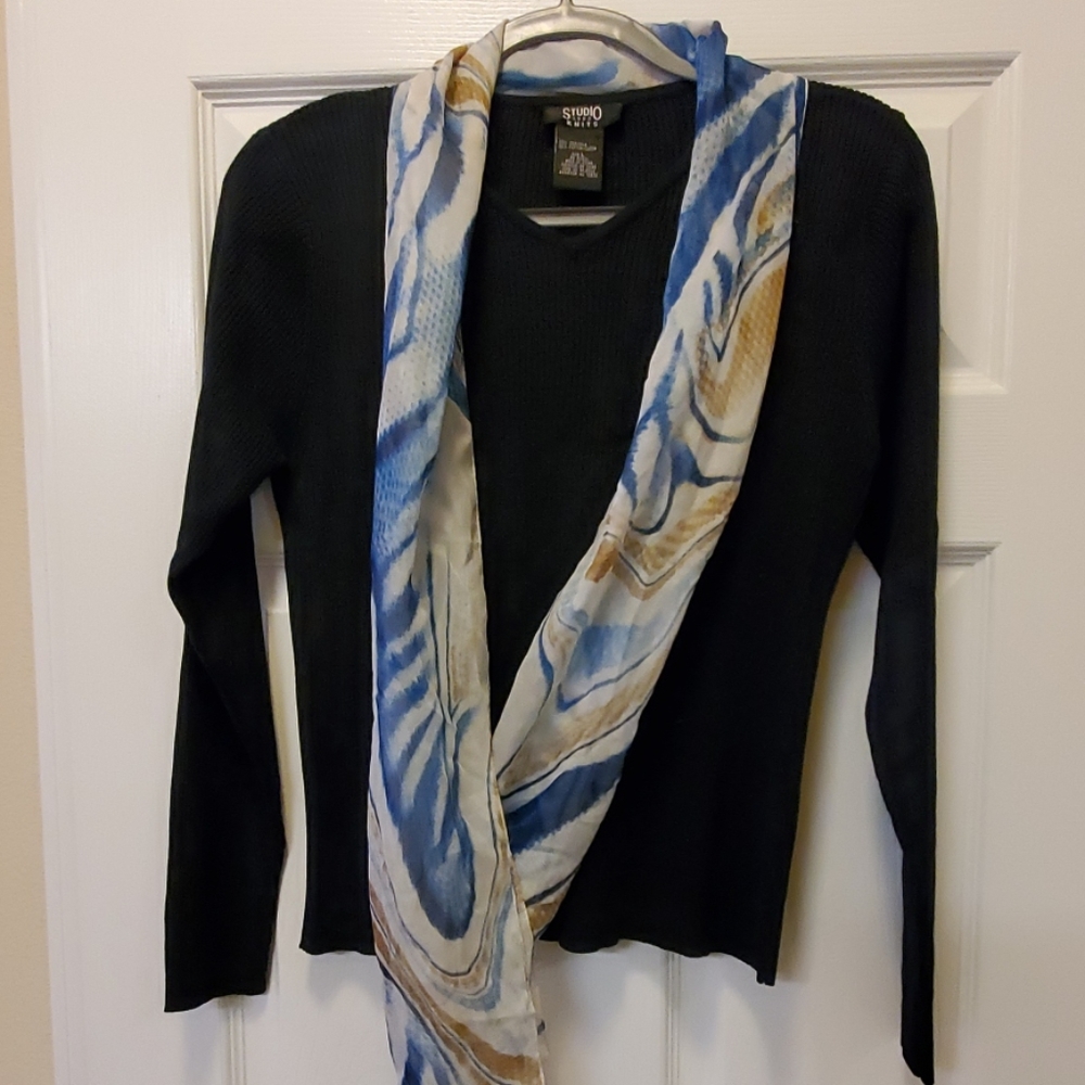 Navy Blue Silk Ribbed Long Sleeve Top